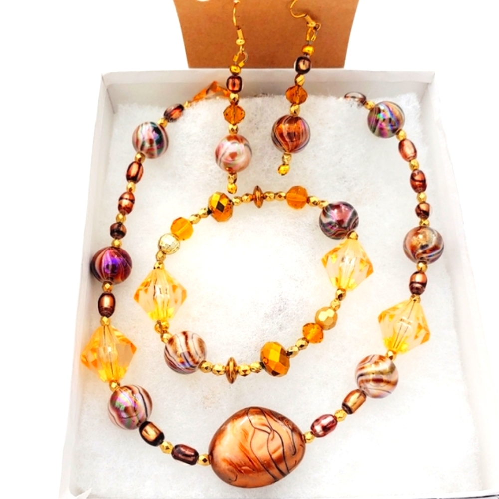 247NEB119. Handmade 3 Pc. Gold and Copper Necklace Set